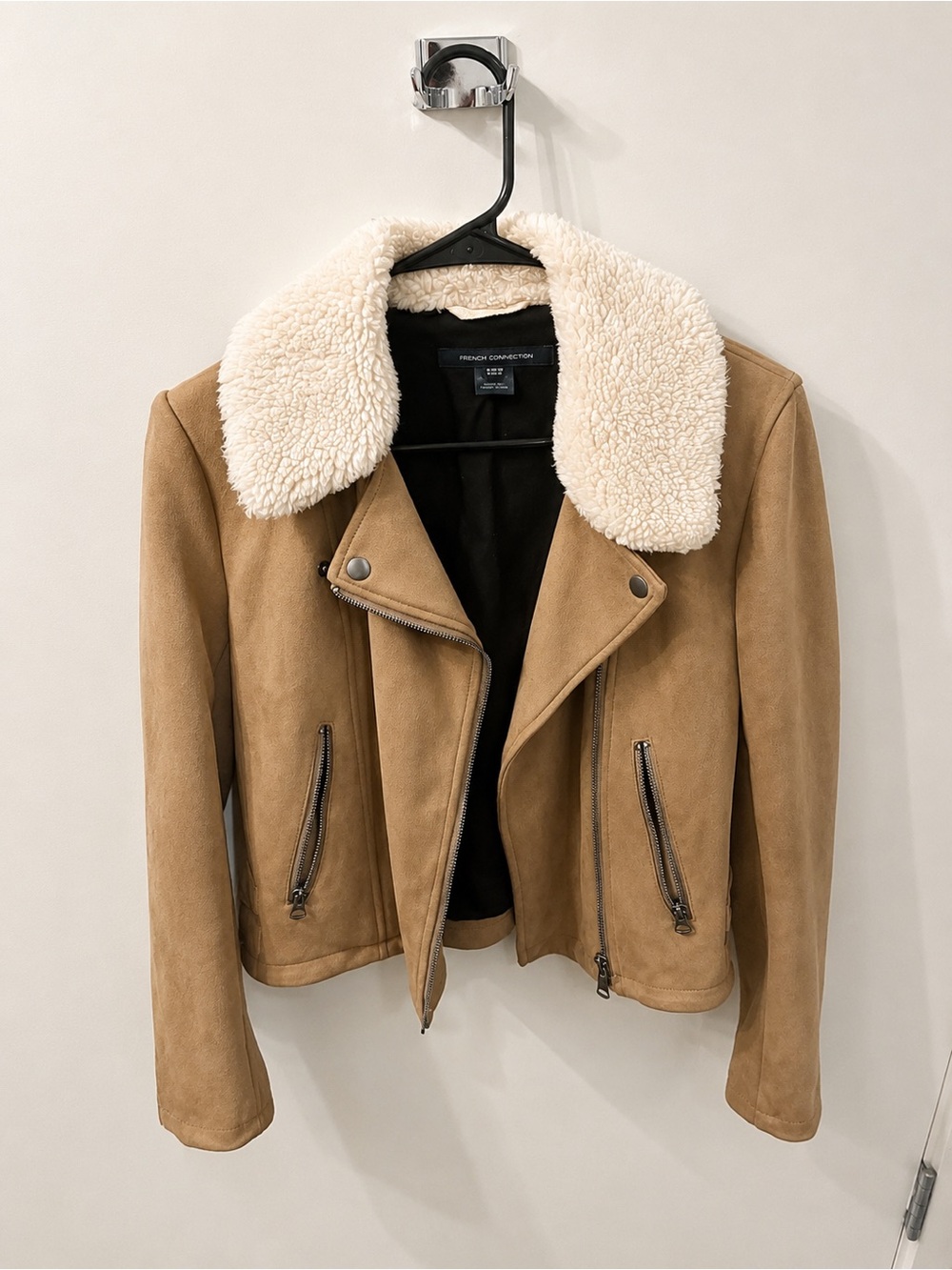 French Connection Tan Suede Moto Jacket with Cream Sherpa Collar